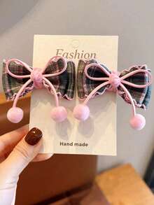 2pcs Girls Autumn/Winter Vintage Versatile Multi-Color Plaid British Style Bow Hair Clips - Pink - View 3