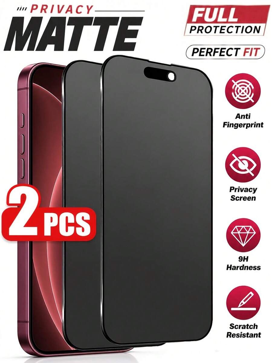 2pcs Matte Privacy Screen Protector, Full Coverage Anti-Peeping, Sensitive Touch And Smooth Feel, Privacy Protection Anti-Fingerprint Anti-Oil Anti-Shock Anti-Scratch, Perfect Fit, Compatible With Phone Cases, Compatible With Iphone 18 Pro Max / 18 Pro / 18 / 17 Pro Max / 17 Pro / 17 / 16 Pro Max / 16 / 15 Pro / 15 / 14 Plus / 13 / 12 / 11 / X Series - Black - View 1