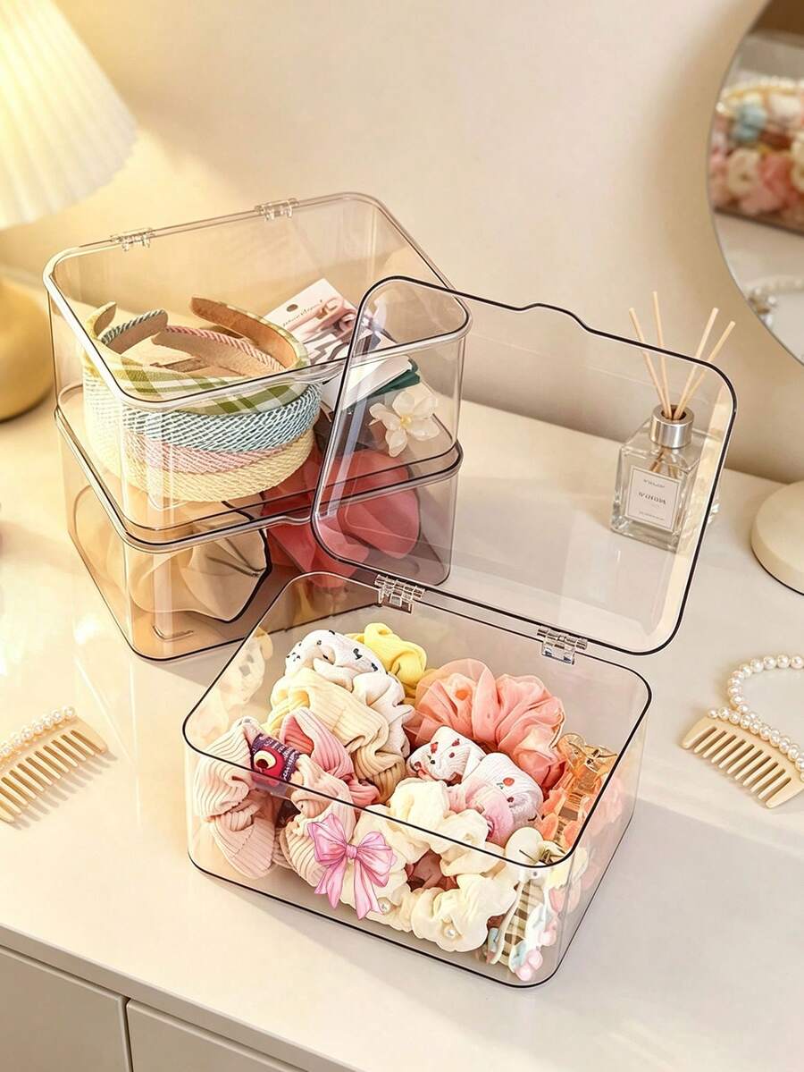 Vigour Summer Large Capacity Transparent Hair Accessory Storage Box With Flip Lid, Printed With Bow Tie Pattern,Dust‑Proof Desktop Vanity Organizer For Scrunchies, Headbands, Hair Clips, Hair Ties, Multifunctional Container For Girls Dorm Bedroom Decor - Multicolor - View 1