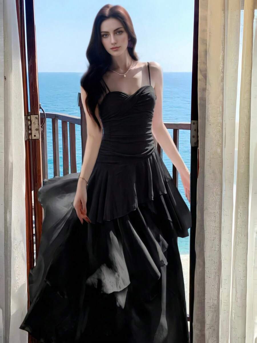 女款優雅不對稱荷葉邊細肩帶洋裝，極簡主義黑色夏季裙