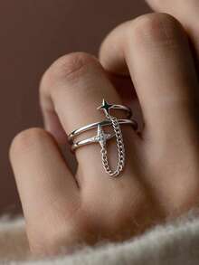 1 pieza Anillo de cadena de meteorito de diseño exclusivo, de doble capa, cruz de lujo - Plateado - Ver 2