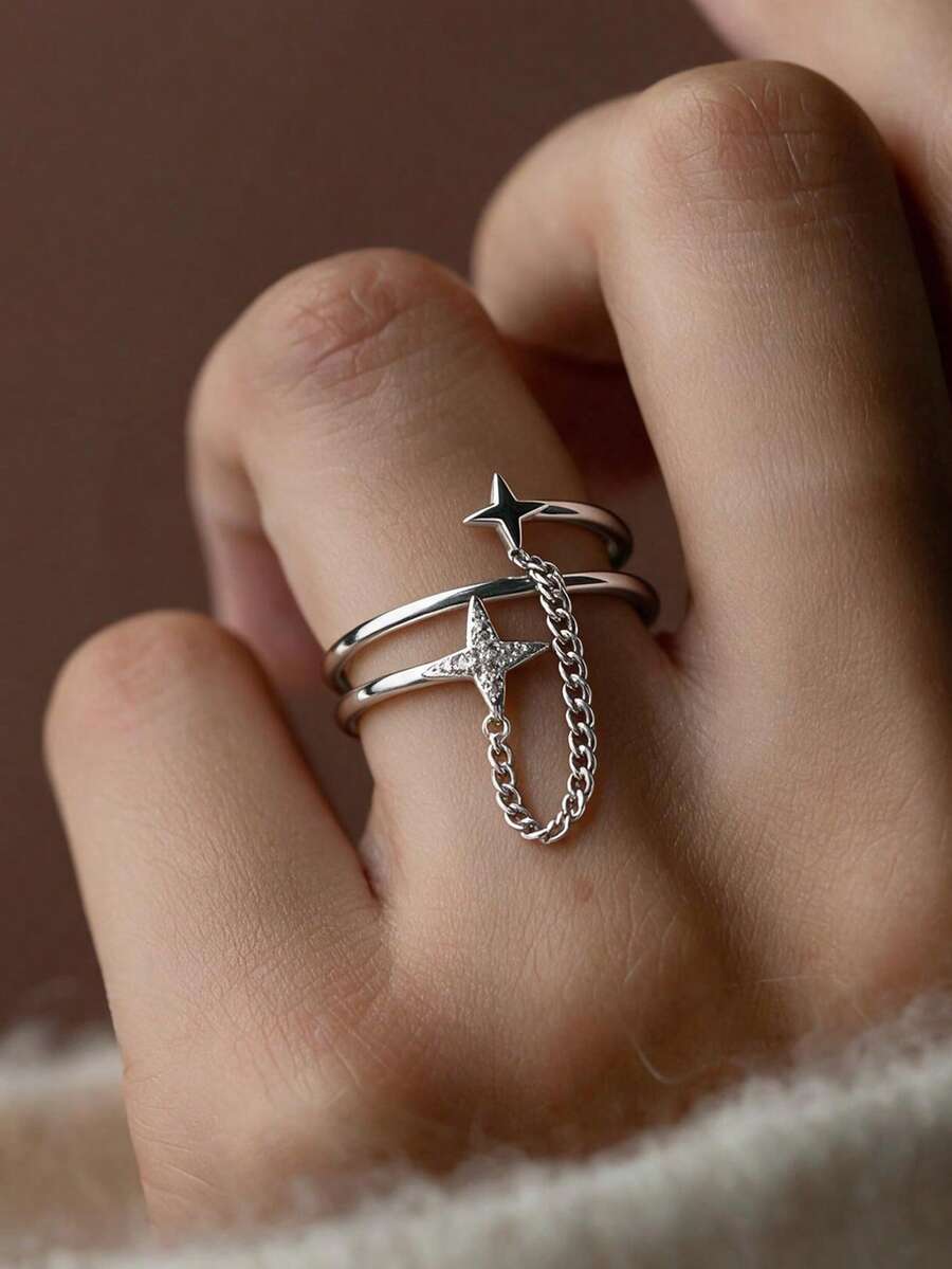 1 pieza Anillo de cadena de meteorito de diseño exclusivo, de doble capa, cruz de lujo