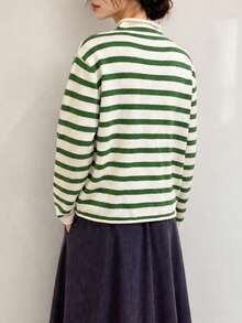 Women's Autumn Casual Minimalist Versatile Striped Cardigan Knit Sweater Jacket - Green - View 2
