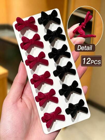 12pcs Mini Red & Black Flocked Bow Hair Clips, Vintage Sweet Cool Style 3D Bow Design, Flocked Fabric Alligator Hair Clips, Autumn/Winter Vibe Side Clips For Girls, Bangs & Loose Hair Fixing, Daily Braiding Decor, Date/Commute/Party, Versatile Decorative Hair Accessories For Women