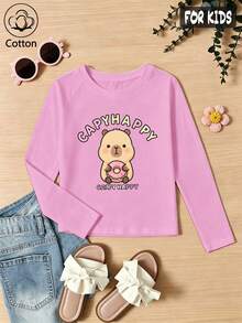 Girls Cotton Raglan Long Sleeve Tee, Autumn Winter Cute Cartoon Capybara With Pink Donut Print, Sweet Preppy Style - Light Wine Red - View 3