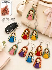 10pcs Colorful Crochet Style Virgin Mary Keychain, 2D Flat Acrylic Floral Praying Girl Pendant, Cute Religious Faith Bag Charm, Car Key Chain Accessory, Suitable For Daily Commute, Church Gathering, Baptism, Religious Memorial, Holiday Party And Faith Gift - Multicolor - View 5
