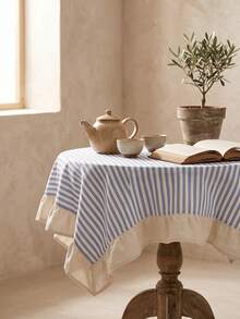 1pc Fresh Blue Striped Ruffle Edge Tablecloth, American Country Style Simple Decorative Dining Table Cloth, Rectangular Coffee Table TV Cabinet Entryway Multi-Functional Cover, Suitable For Holiday Party Birthday Party Wedding Dinner Table Decoration Room Decoration Office Desk Coffee Table Mat Outdoor Picnic Mat Home Decor Room Decoration All Season - Navy Blue - View 4