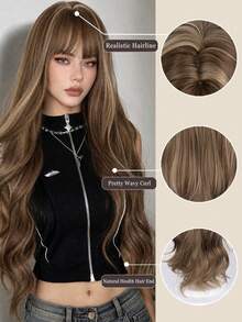 32 Inch High Gloss Platinum Brown Long Wavy Synthetic Wig With Bangs, Heat Resistant Loose Curly Hair For Women, Adjustable Wig Cap, Suitable For Daily Wear, Party, Cosplay - Multicolor - View 4