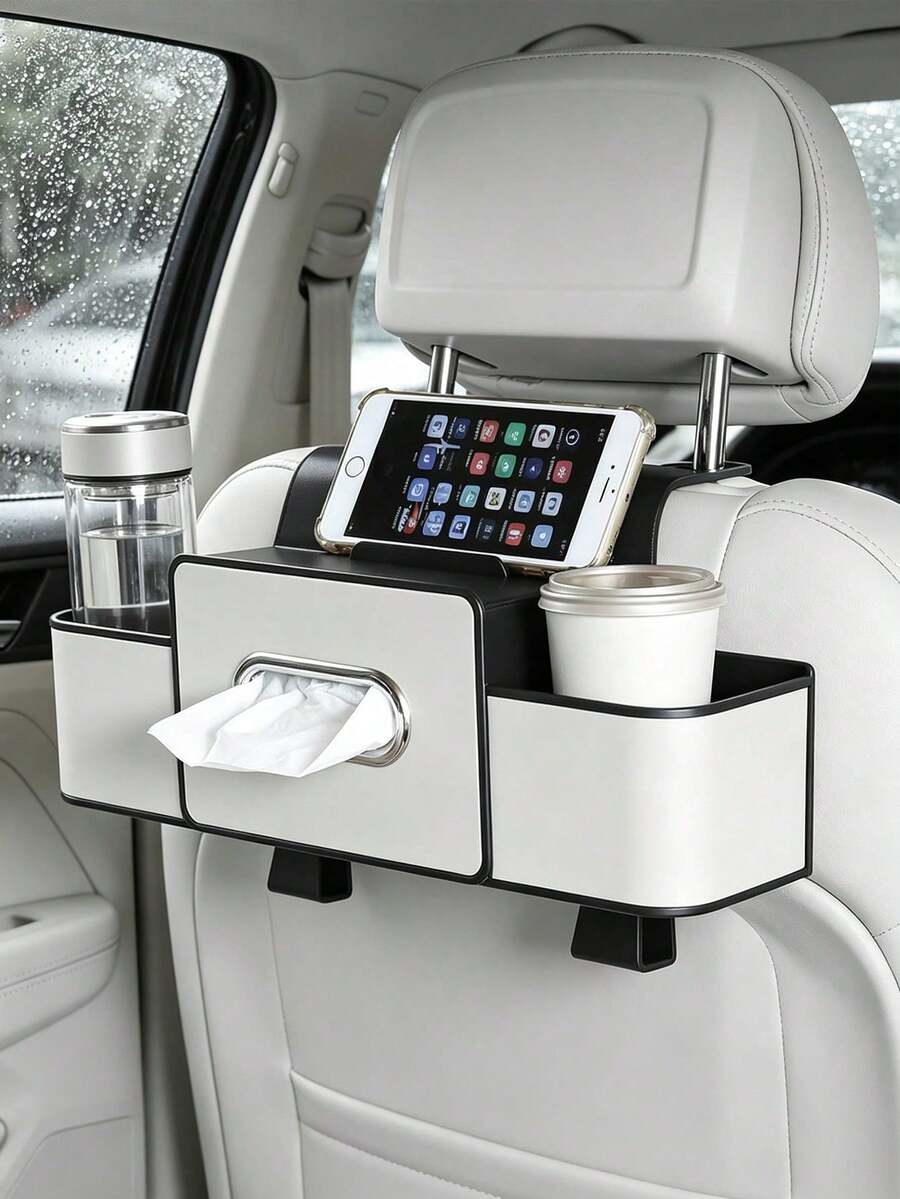 Multifunctional Car Seat Back Organizer, Dual Cup Holders + Tissue Box + Phone Storage, Easy Installation, Keep Car Interior Tidy