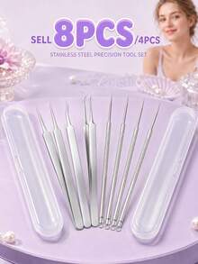 8PCS/4pcs Acne Needle Blackhead Cleaning Tool Set With Portable Storage Box, Stainless Steel Acne Cleaning Needle + High Precision Acne Tweezers Combination, Includes Ultra-Fine Straight Tip Tweezers, 125° Curved Tip Tweezers And Double-Ended Acne Needle - Multicolor - View 1