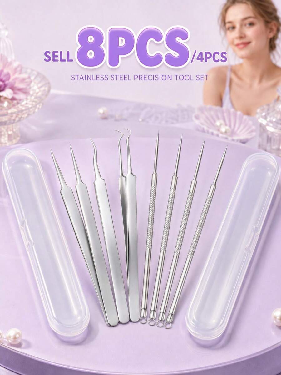 8PCS/4pcs Acne Needle Blackhead Cleaning Tool Set With Portable Storage Box, Stainless Steel Acne Cleaning Needle + High Precision Acne Tweezers Combination, Includes Ultra-Fine Straight Tip Tweezers, 125° Curved Tip Tweezers And Double-Ended Acne Needle - Multicolor - View 1