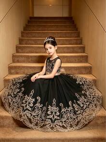 Young Girls' Sleeveless Sequin Mesh Big Bow Embroidered Puffy Dress, High-End, Suitable For Flower Girl Wedding, Birthday Party, Stage Performance And Other Important Occasions, Also Suitable For Various Important Festivals. - Black - View 1