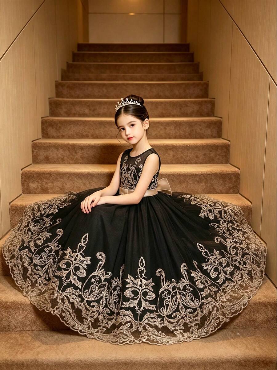 Young Girls' Sleeveless Sequin Mesh Big Bow Embroidered Puffy Dress, High-End, Suitable For Flower Girl Wedding, Birthday Party, Stage Performance And Other Important Occasions, Also Suitable For Various Important Festivals. - Black - View 1