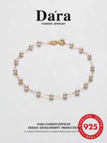 DARA Vòng tay ngọc trai nước ngọt bạc S925 hạt trắng 3-4mm thiết kế ngôi sao đa dụng cho hẹn hò và Valentine - trắng - Xem 2