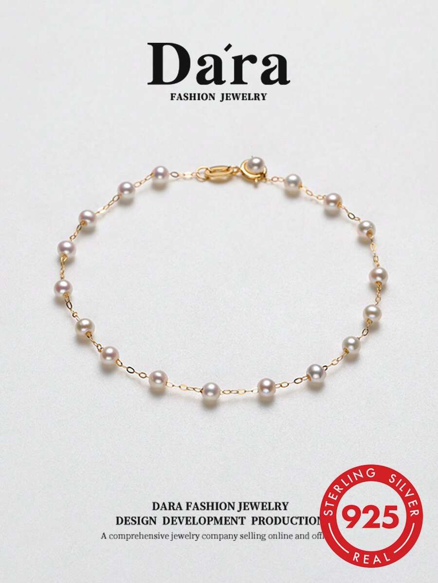 DARA Vòng tay ngọc trai nước ngọt bạc S925 hạt trắng 3-4mm thiết kế ngôi sao đa dụng cho hẹn hò và Valentine