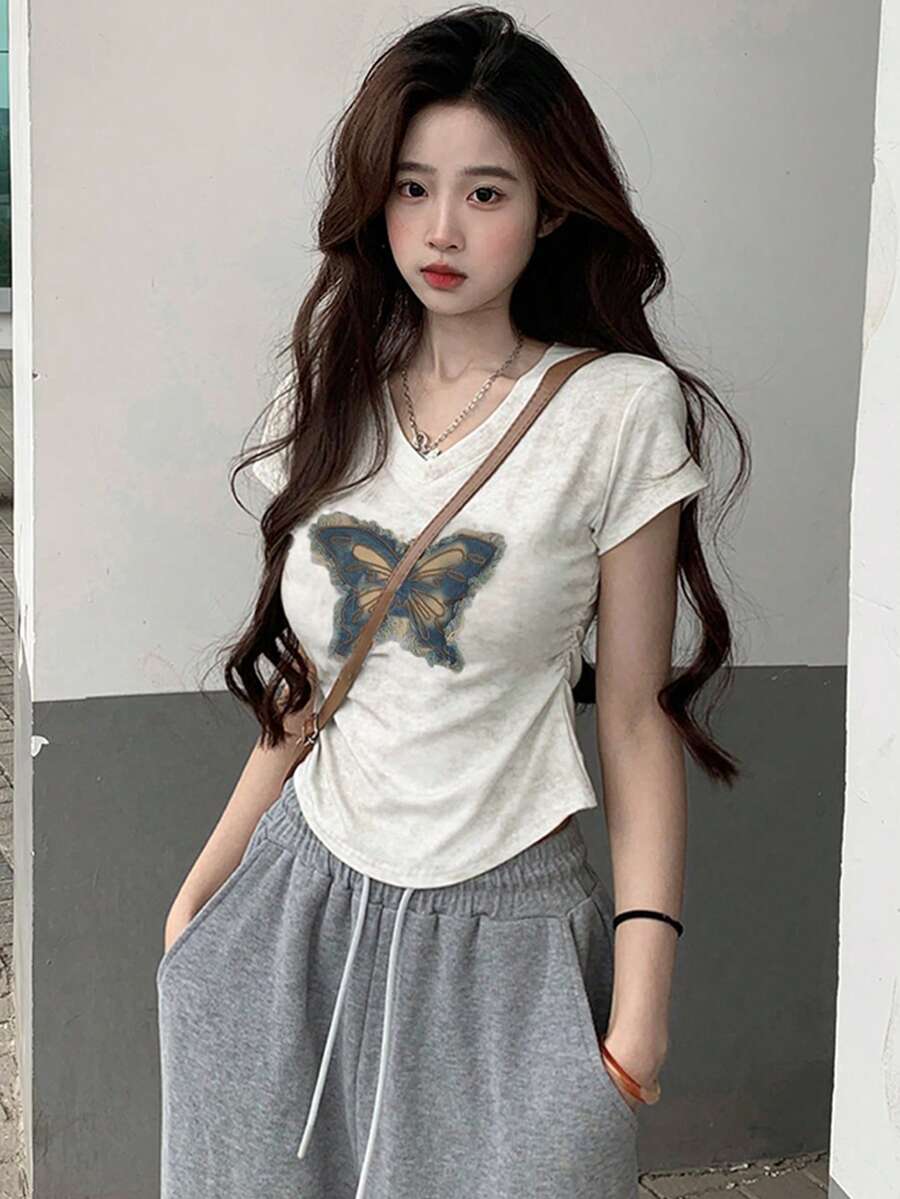 韩版时尚蝴蝶刺绣V领修身短袖T恤女式上衣,夏季休闲白色 - 白色 - 查看 1