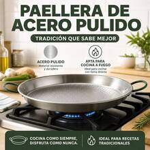 Polished Steel Paella Pan 34 Cm For 6 Servings, Traditional Pan With Green Handles For Rice And Stews, Durable Cookware, 34.5x44.5x5 Cm - View 1