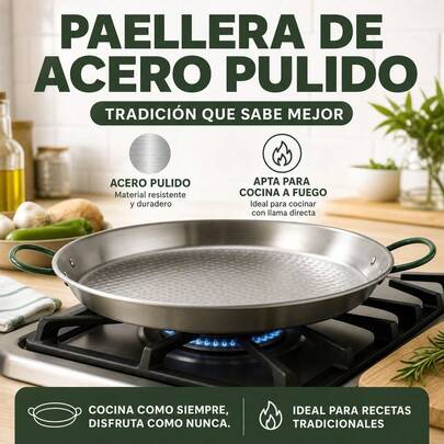 Polished Steel Paella Pan 34 Cm For 6 Servings, Traditional Pan With Green Handles For Rice And Stews, Durable Cookware, 34.5x44.5x5 Cm