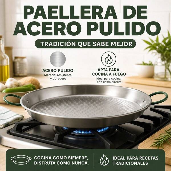 Polished Steel Paella Pan 34 Cm For 6 Servings, Traditional Pan With Green Handles For Rice And Stews, Durable Cookware, 34.5x44.5x5 Cm