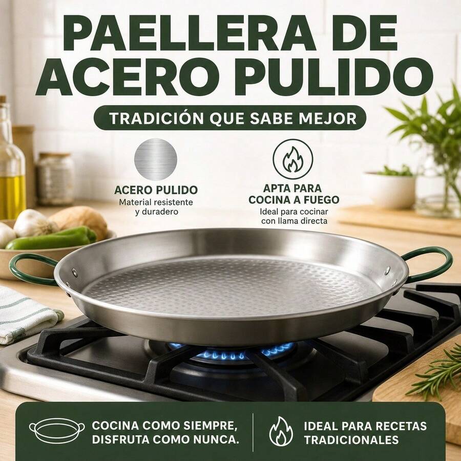 Polished Steel Paella Pan 34 Cm For 6 Servings, Traditional Pan With Green Handles For Rice And Stews, Durable Cookware, 34.5x44.5x5 Cm - View 1