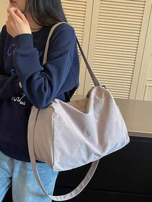 蝴蝶結刺繡裝飾寬肩帶拉鍊開合設計休閒風大容量旅行包，適合日常通勤、購物、外出、旅行，活力優雅時尚穿搭橫式行李包 - 灰色 - 查看 5