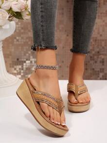 Women Double‑Buckle Rhinestone Wedge Slide Sandals, Open‑Toe Slip‑On Woven Platform Summer Slippers - Brown - View 4