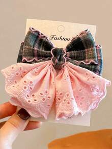 1pc Girls' Autumn/Winter Soft Cute Versatile British Academy Style Dual-Color Plaid Lace Hem Bow Half-Up Hair Clip, Suitable For Matching Clothes, Daily Wear, School Use - Pink - View 1
