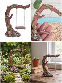 1pc Resin Miniature Tree Branch Swing Ornament, Decorative Mini Swing Statue, Suitable For Succulent Potted Plants, Bonsai, Terrarium DIY, Cute Desktop Decor Prop, Suitable For Dollhouse Scene Setup, Home Office Desktop Decoration, Fairy Garden Accessory, Flower Pot Styling Decoration - Multicolor - View 7