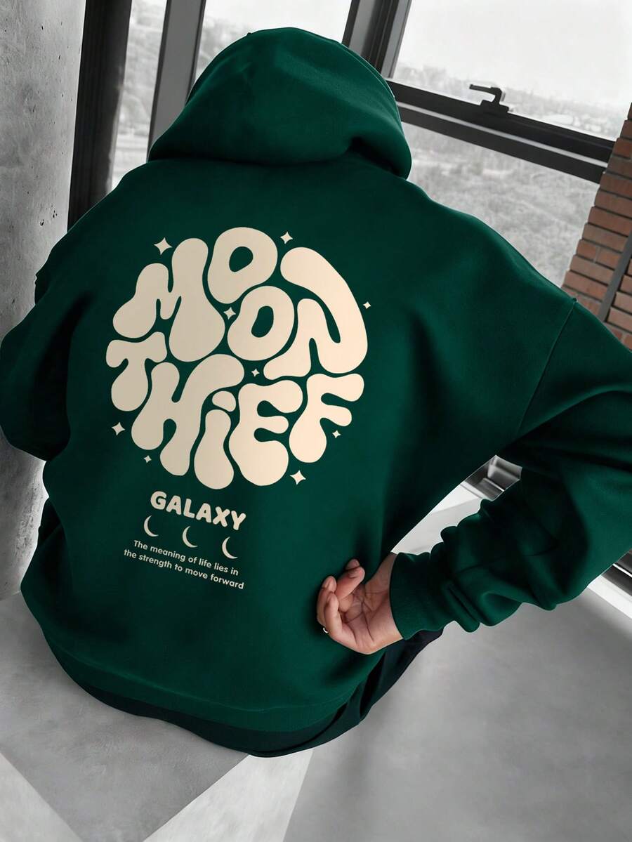 Men's Autumn/Winter Casual Fashion Versatile Daily Commute Letter Print Kangaroo Pocket Drawstring Hooded Sweatshirt - Green - View 1