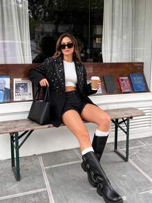 Women's Elegant Black Rhinestone Decorated Blazer, With Pockets And Button Details, Suitable For Spring And Autumn Daily Wear - Black - View 4