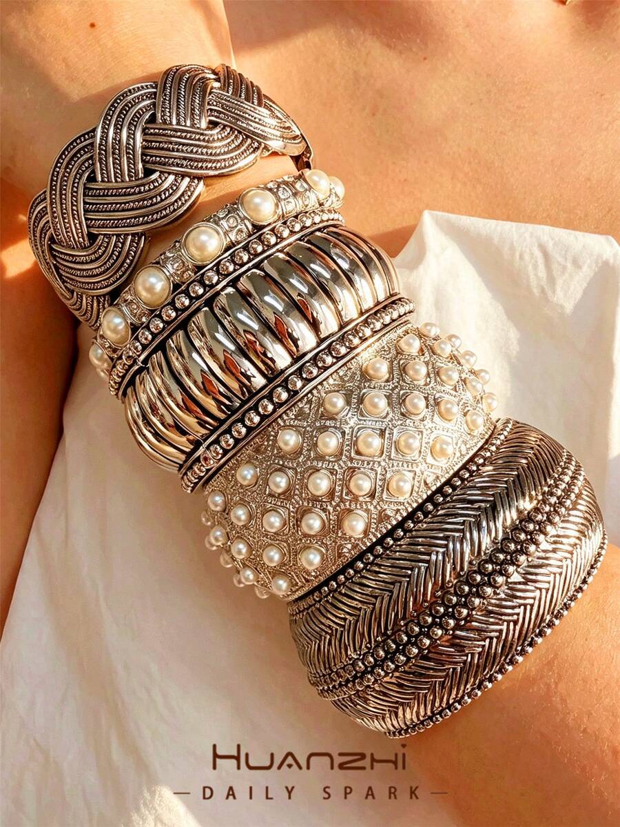 Exaggerated Punk Silver Wide Elastic Bracelet, Faux Pearl Vintage Distressed Thick Bracelet, Multi-Element Multi-Style Stacking Bracelet, Suitable For Daily Wear, Vacation, Street Photography - Multicolor - View 1