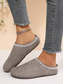 Vintage Lace Trim Closed Toe Slippers Women's Slouchy Outdoor Slippers Soft Sole Backless Shoes - Grey - View 2