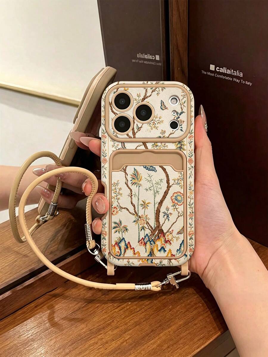 1 buah Gantungan Kartu Motif Burung Bunga Cina, Desain Berwarna-warni, Kulit PU, Klasik, Anti Jatuh, Slot Kartu Lembut, Gantungan Pendek, Casing Ponsel Kompatibel dengan Apple 17Pro/17/Air/17Promax/11/12/13/14/16 Pro Max/16 Pro/15 Series, Perlindungan Lensa, Hadiah Liburan - Khaki - View 1
