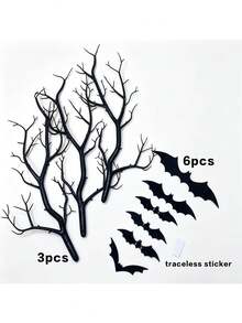 3pcs Artificial Black Branches With 12 Bat Decorations, Halloween Tabletop Vase Decoration, Suitable For Family Parties. - Black - View 4
