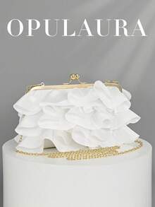 OpulAura 女士优雅迷人花瓣宴会手拿包，褶边设计晚礼服手提包，适合婚礼/度假/正式派对/舞会，配有链式肩带，花瓣形状随机 - 白色 - 查看 1