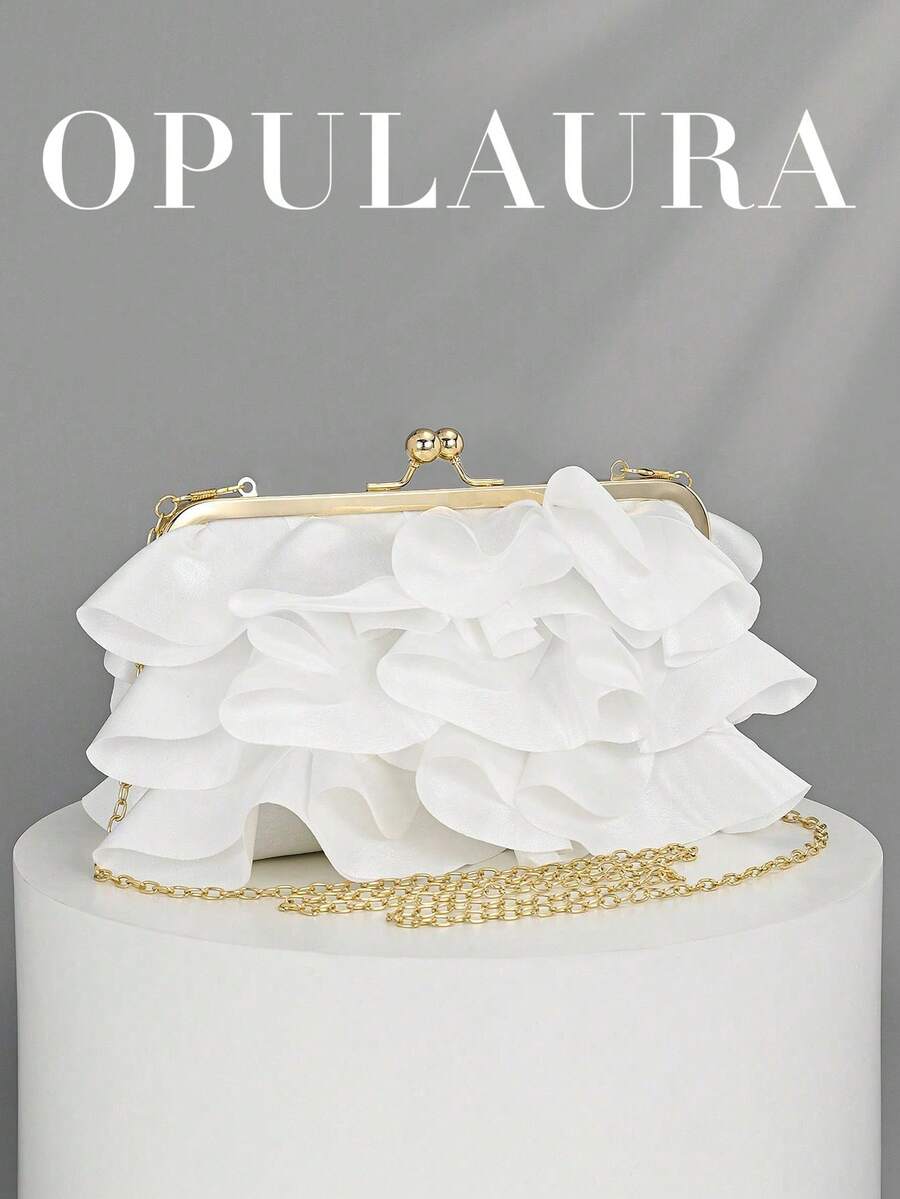 OpulAura 女士优雅迷人花瓣宴会手拿包,褶边设计晚礼服手提包,适合婚礼/度假/正式派对/舞会,配有链式肩带,花瓣形状随机 - 白色 - 查看 1