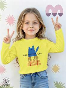 Girls Cotton Raglan Long Sleeve Tee For Fall Winter, Cartoon Cat Print Round Neck, Sweet Preppy School Style - Bright Yellow - View 2
