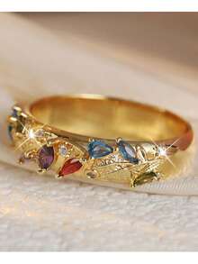 Gmzalx Vintage Glamorous Leaf-Shaped Colorful Jewelry Ring, Gold-Tone Band With Exquisite Engraved Leaf Pattern, Artistic Heavy-Duty Jewelry - Multicolor - View 6