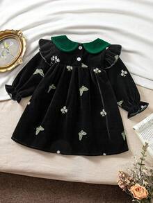 1pc Baby Girl Peter Pan Collar Green Velvet Butterfly Daisy Embroidered Vintage A-Line Black Dress - Black - View 2