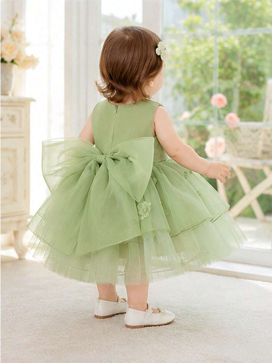 Baby Girl Sweet 3D Floral Decor Tulle Princess Dress Party Flower Girl - Green - View 1