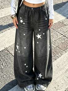 Lurzo Girls Y2K Retro Loose Fit Denim Effect Wide Leg Pants, Star Print & Faux Pocket Design, Y2K Street Style, Suitable For Daily Wear - Black - View 1