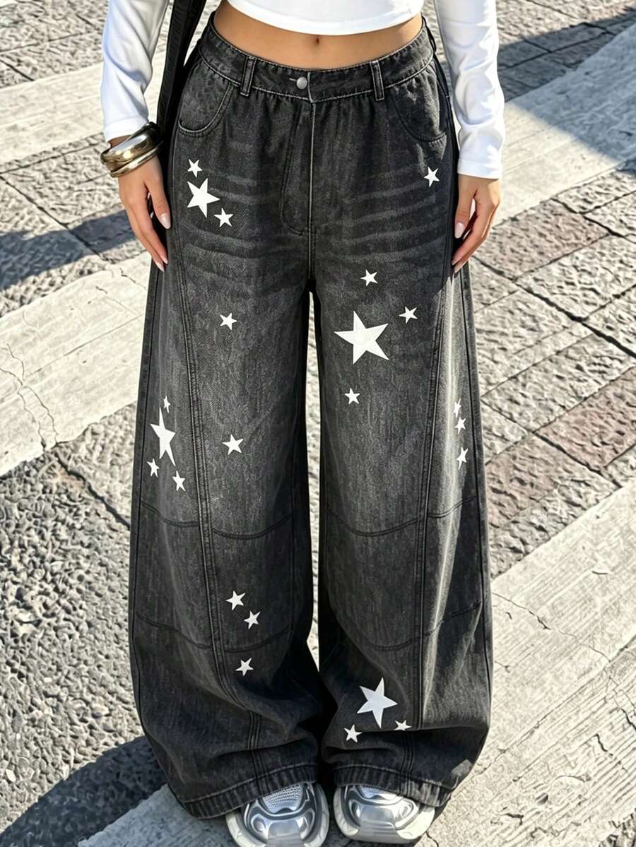 Lurzo Girls Y2K Retro Loose Fit Denim Effect Wide Leg Pants, Star Print & Faux Pocket Design, Y2K Street Style, Suitable For Daily Wear - Black - View 1