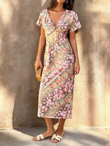 Women's Random Geometric Print Twist Design V-Neck Short Sleeve Elegant Dress - Purple - View 3