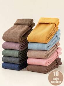 3/6/10 Pairs Random Style Women's Morandi Multicolor Solid Color Folded Cuff Terry Ribbed Socks, Thickened Warm Mid-Calf Socks, Japanese Minimalist Academy Style - Multicolor - View 8