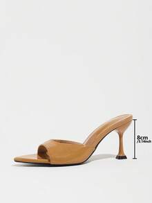 Women's Brown Glossy Pointed Toe Kitten Heel Mule Sandals, Slip-On Open Toe Evening Party Slippers - Brown - View 8