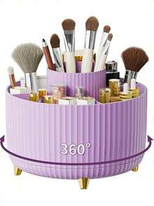 1pc 360° Rotating Makeup Brush Holder, Large Capacity Plastic Cosmetic Storage Organizer, Multi-Compartment Desktop Storage Bin, Bedroom Bathroom Vanity Decor, Holiday Gift - Multicolor - View 15