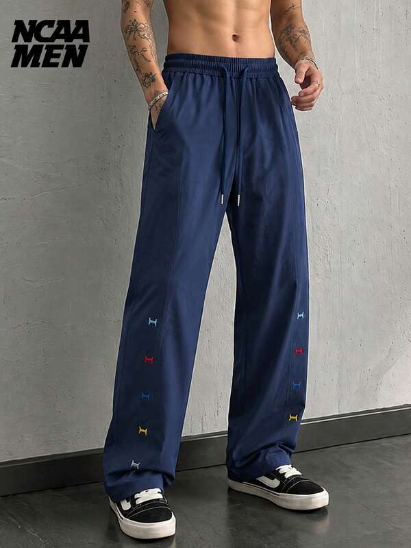 Men's Spring/Autumn Straight Leg Long Pants With Colorblock Embroidery Decor, Elastic Waist Drawstring, Versatile Commuter Casual Draped Trousers