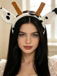 1pc/Set Halloween Party Cow Print Plush Headband Animal Ear Headband Costume Cosplay Role Play Stage Performance Party Headpiece - Multicolor - View 2