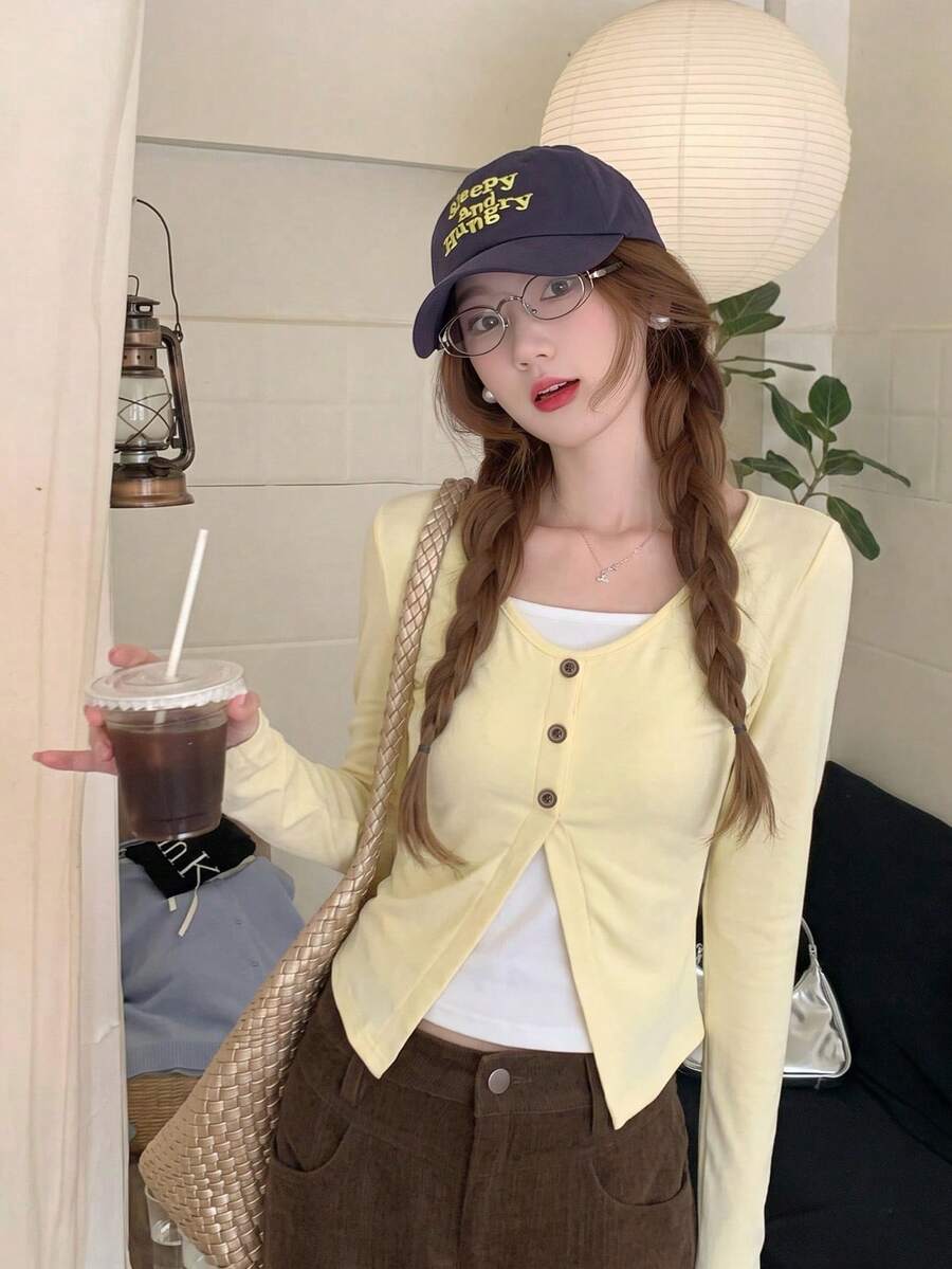 Sweet & Cute 2 In 1 Patchwork Long Sleeve T-Shirt, Women's Autumn Top - Yellow - View 1