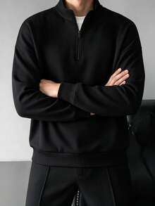 Men's Autumn/Winter Classic Solid Color Half-Zip Polo Collar Sweatshirt, Suitable For Daily Social Wear - Black - View 8